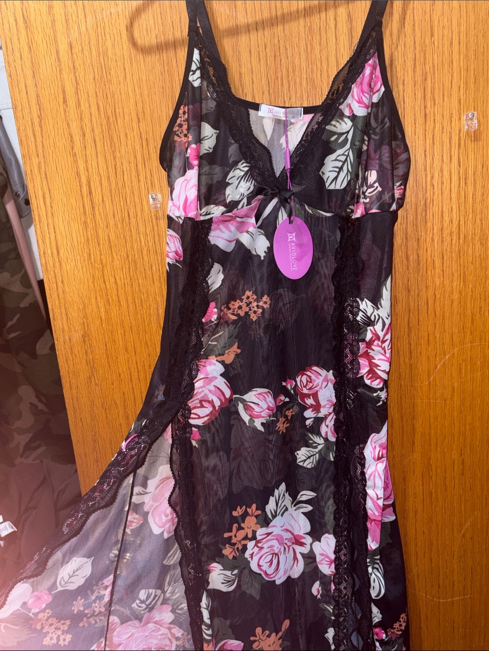 Floral Lace-Trim Black Maxi Dress with Pink Rose Print